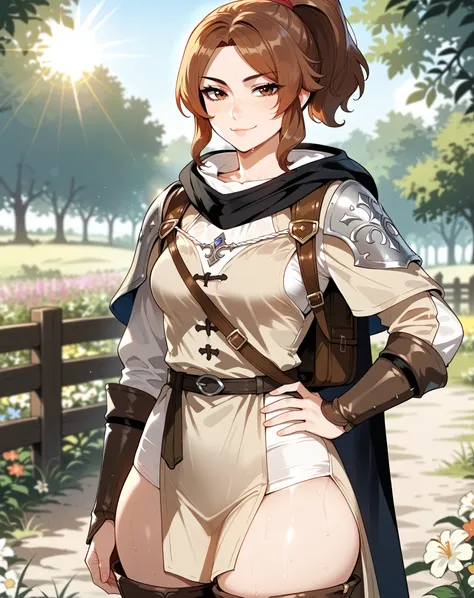 score_9, score_8_up, score_7_up, score_6_up, score_5_up, score_4_up, BREAK source_anime, {{looking at viewer, cowboy shot, anime, vibrant, outdoors, gravel road, flowers, wooden fence, solo, by nilsunna, sunlight, lens flare, bloom, medieval fantasy}} 1gir...