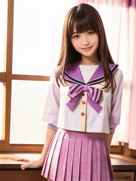 (highest quality, 4k, 8K, High resolution, Tabletop:1.2), Super detailed, Realistic:1.37, Light brown hair, Semi-long hair, Asymmetrical bangs, high school girl, Sailor suit, Purple and pink checkered micro mini pleated skirt, Super super slender body, Shy...