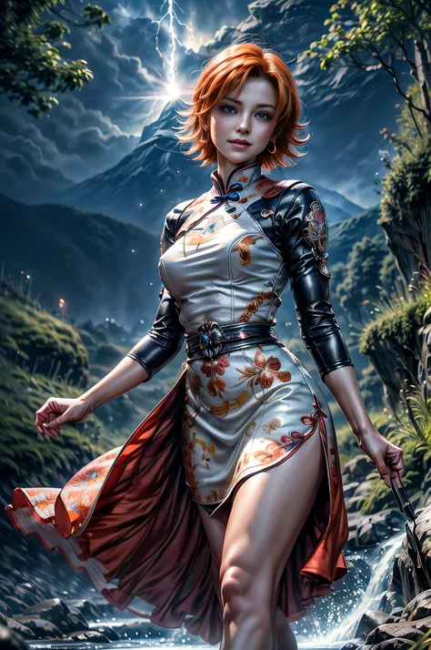 1girl,cowboy shot, beautiful (nora_valkyrie), looking at viewer, smiling, lips, short hair, blue eyes, orange hair, hoop earring, floral print qipao Dress, black nail, night, stars, walking in a field, waterfall in the background, river, lightning strikes,...