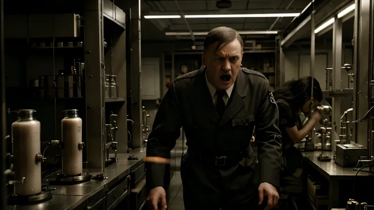 A crazy and totally furious Hitler in a laboratory full of mechanical devices and a group of frightened scientists.The best quality, ultra high resolution.