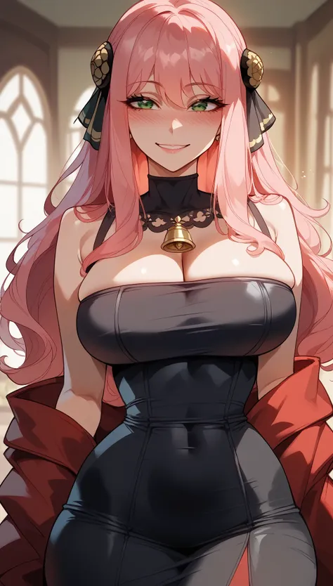 pink hair、long and straight hair、green eyes、spy x family、anya forger、mature woman、shiny hair、(big breasts),tight waist、thin wais...