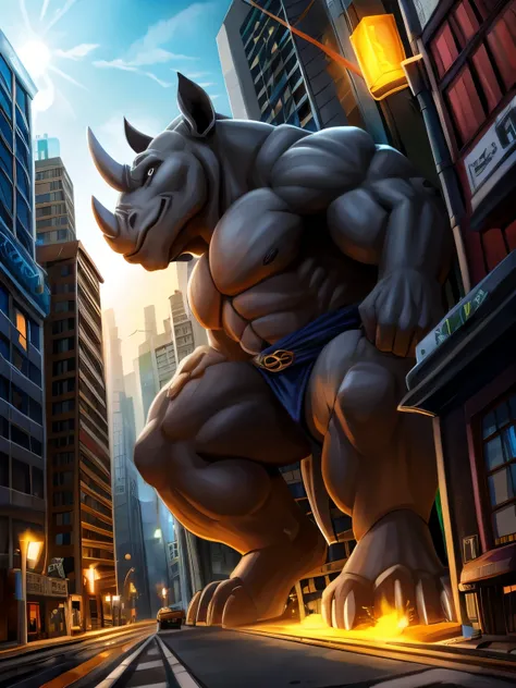 Ninja rhino with lighting power, macro in a miniscule city