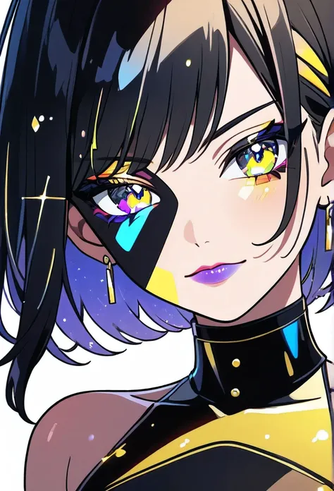 80’s glam rock makeup on shiny android face, anime, 2.5D, Glittery face, moody lighting, (yellow and black palette), iridescent face, abstract ai model, pretty, sexy, minimal, sleek, slender, asian, elegant, chic, futuristic, retro, sophisticated half huma...