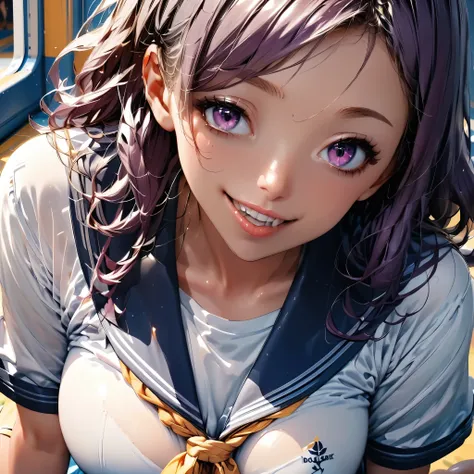 (Highest quality:1.2, Very detailed, Digital illustration, High Detail, masterpiece:1.2, Highest quality, Best aesthetics), (((1 Girl))), JK, Sailor suit, Pleated skirt, Open your mouth:1.2, Showing tongue, smile, (deep purple Hair, Braid), Dynamic Angle, ...