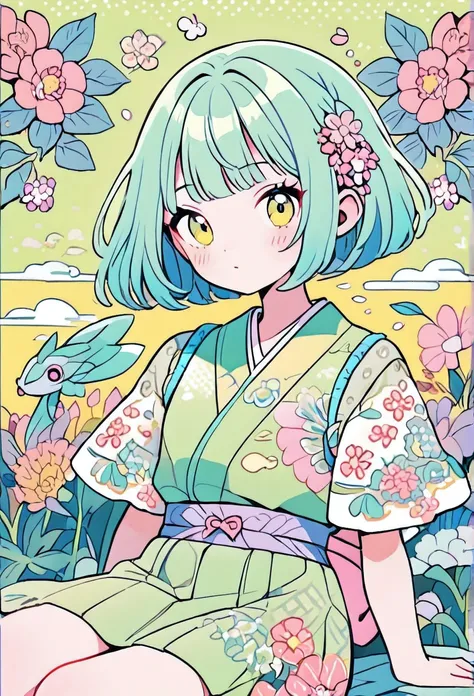 A mesmerizing surreal illustration of a young japanese woman. She has pastel green hair with blunt bangs, yellow eyes, and wears a vibrant pastel colored outfit adorned with intricate floral patterns. Freckles dot her smooth, warm complexion, and bold, col...