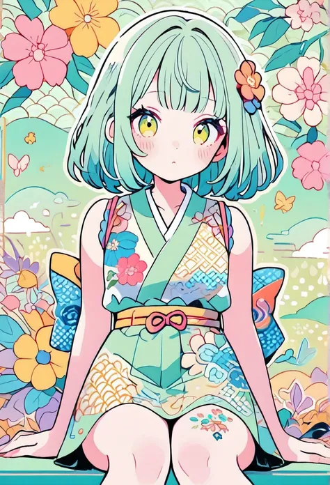 A mesmerizing surreal illustration of a young japanese woman. She has pastel green hair with blunt bangs, yellow eyes, and wears a vibrant pastel colored outfit adorned with intricate floral patterns. Freckles dot her smooth, warm complexion, and bold, col...