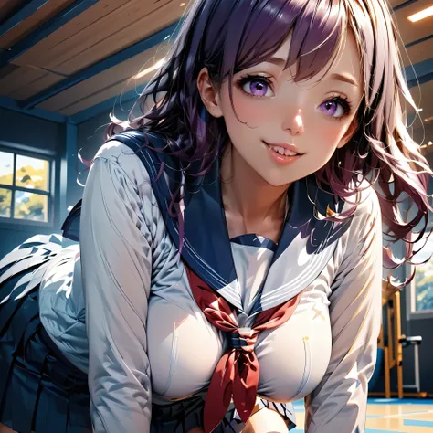 (Highest quality:1.2, Very detailed, Digital illustration, High Detail, masterpiece:1.2, Highest quality, Best aesthetics), (((1 Girl))), JK, Sailor suit, Pleated skirt, Open your mouth:1.2, Showing tongue, smile, (deep purple Hair, Braid), Dynamic Angle, ...