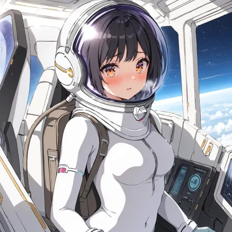 1人of女of子,alone,short hair,(space suit:1.15), black hair space helmet ,whole body, indoor, masterpiece of the highest quality,  t...