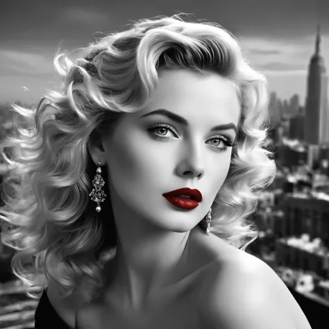 Imagine an eternal goddess ， With wavy, disheveled hair and charming blue eyes ， She fascinates everyone who sees her ..  Her lips ,  Painted in eternal red ,  Against the backdrop of a monochrome cityscape ， She exudes elegance and sophistication ,  Evoke...