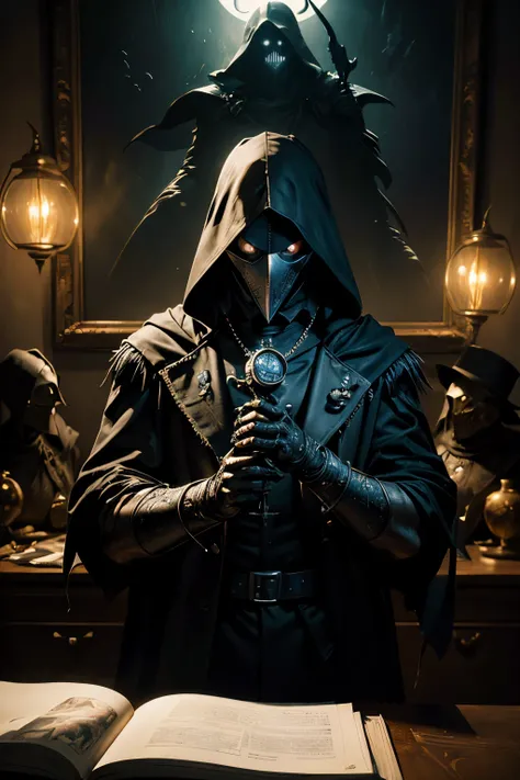 plague doctor, with lamp in hand, Al Silmons es el plague doctor dibujado por Todd McFarlane y Greg Capullo, Spawn Comics, Unreal Engine, octane rendering,  by Jacob Lawrence and Francis Picabia ,  perfect composition , beautiful detailed intricate insanel...