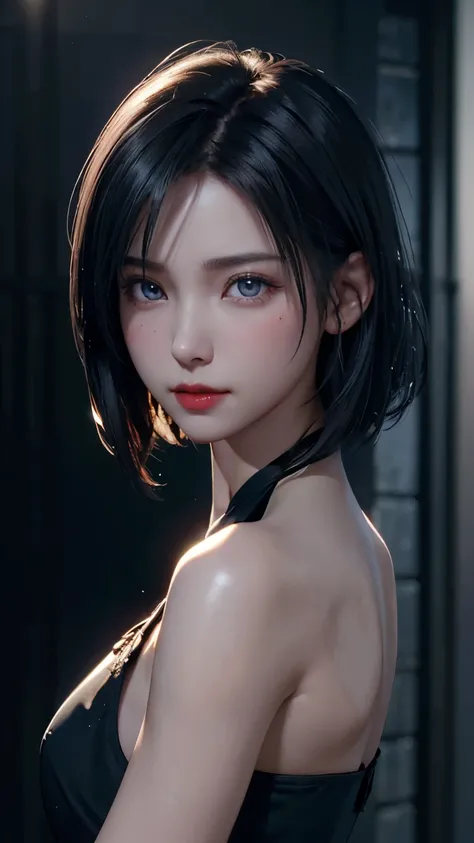 1 girl, (china dress, navy blue ) (short hair:1.1), (Put your hands behind your back:1.1), (Practical:1.7), ((best quality)),absurdres ,(Ultra-high resolution),(photorealistic:1.2, Tyndall effect,Realistic, Dark studio, Rim Light, Two-tone lighting, the be...