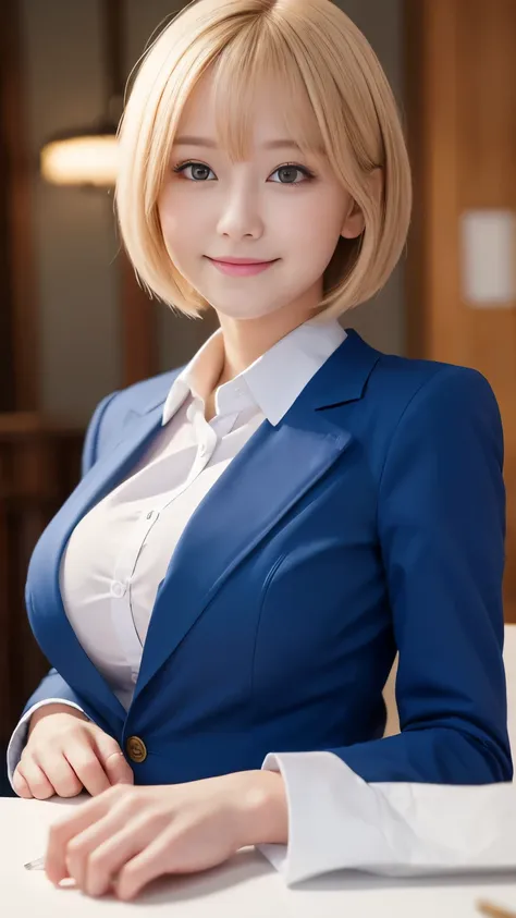 Tabletop、Best Quality、  very detailed、 high res、8K wallpaper、Perfect dynamic composition,、Delicate and beautiful eyes、tits、Beautiful breasts、(Big Breasts:1.3) 、Blue blazer、White shirt、Stop the button on the shirt、 red tie 、Teenage Girl、1 girl、beautiful gir...