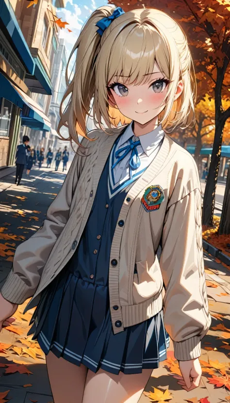 (1 cute girl), (solo), ren, ((Elementary school student, about )), (silverly blonde hair), (medium bob, side ponytail), (crystal clear black eyes), smirk, (flat chest), ((navy blue dress shirt)), (a warm looking light grey cardigan), light blue ribbon tie,...