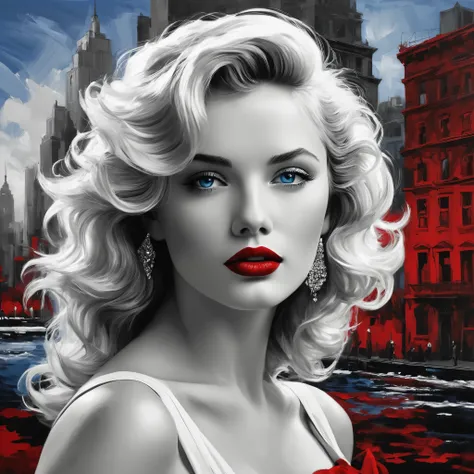 Imagine an eternal goddess ， With wavy, disheveled hair and charming blue eyes ， She fascinates everyone who sees her ..  Her lips ,  Painted in eternal red ,  Against the backdrop of a monochrome cityscape ， She exudes elegance and sophistication ,  Evoke...