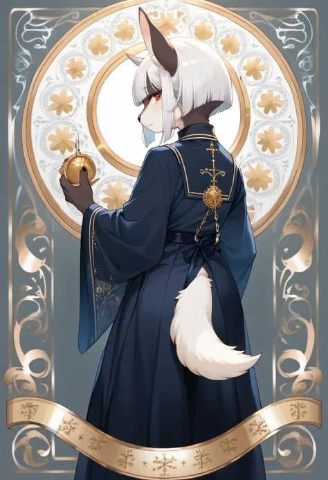 score_9, score_8_up, score_7_up, score_6_up, score_5_up, score_4_up, source_anime, best quality, amazing quality, very aesthetic, absurdres, 1girl, (furry, kemono:1.1), rabbi, solo, solo, white hair, short hair, undercut, (hair over eyes, hair covered eyes...