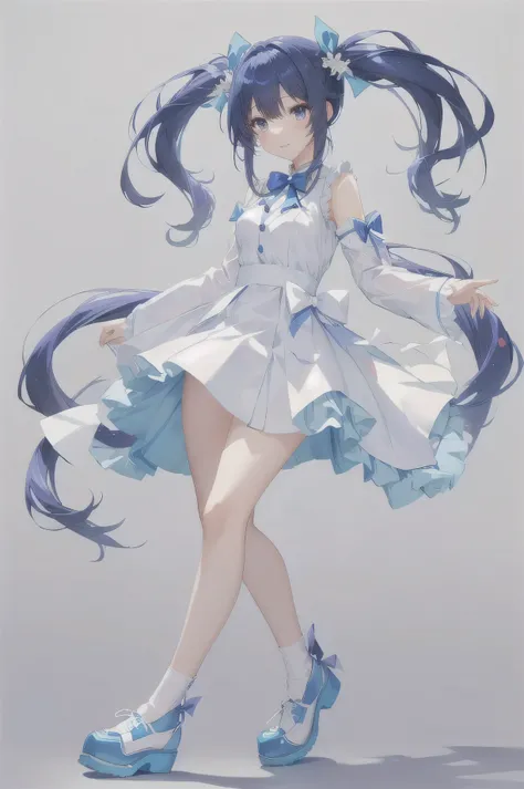 Anime Girl in a white dress with blue shoes and a blue bow, Cute Anime Girl wearing a beautiful dress, Anime moe art style, Wearing a skirt, High-quality anime art style, Style Art Jem, Anime Goddess, Digital Art on pixiv, (Anime Girl), Anime Girl with lon...