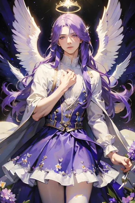 lavendar hair, long hair, fluffy hair, purple eyes, pale skin, angel, halo, angel wings, male, man, feminine man, gorgeous, flowers, skirt, lace, gems, rhinestones, post-Impressionist, High Resolution, Masterpiece, Accurate, Best Quality, 