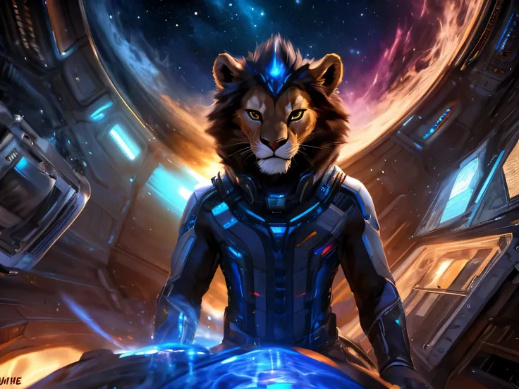 posted on e621, (by Chunie), male, Lion anthro, solo, (Realistic eye details 1.2), anime character, arafed image of a man in a space station with a mask, pov furry art, anthro paw pov art, furry paw pov art, commission for high res, furry art!!!, very very...