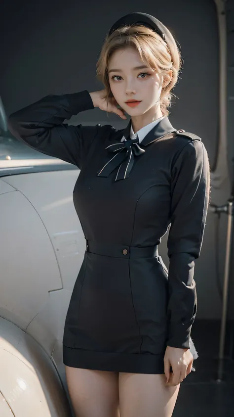 a beautiful female air hostess, elegant flight attendant, detailed portrait, detailed face, detailed eyes and lips, long eyelashes, beautiful skin, flawless makeup, attractive facial features, confident expression, stylish uniform, professional attire, air...