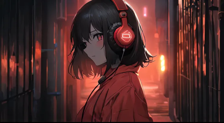 Top quality, masterpiece, 8k, (1 girl: 1.3), beautiful girl, bobbed hair, dark hair, standing in front of old building wall, listening to music, (wearing red headphones: 1.3), unoccupied alley in background, neon lights, bright moonlit night, focus on peop...