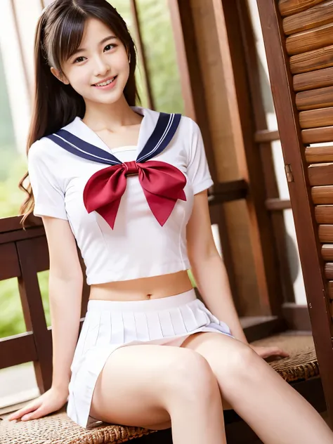 Beautiful woman、Age 15、From the waist up、thigh、Lady、smile、80mm lens、Highest quality、(Small breasts)、((Being thin))、Japanese Sailor Suit、Bloomers、Luxury、Sit with your legs apart