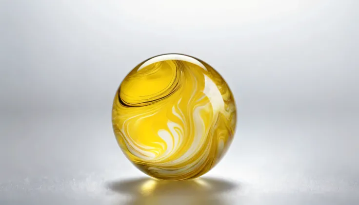 A highly detailed photorealistic macro shot of a yellow patterned glass marble on a white background, (best quality,8k,highres,masterpiece:1.2),ultra-detailed,(realistic,photorealistic,photo-realistic:1.37),HDR,UHD,studio lighting,extreme detail descriptio...