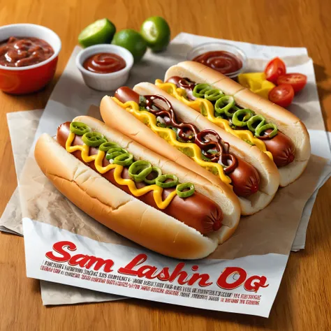 Create Flyer  called "Sam Lanshin   hot-dogs  o  melhor e só aqui."      photography that captures a hot-dog in a captivating perspective of fixed on camera. Wide-angle lens: The image should be captured with a wide-angle lens, which allows for the inclusi...