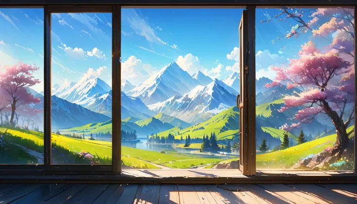 Beautiful landscape outside the window,sunlight streaming through the window,spring,swaying trees outside the window,distant rolling mountains,blue sky and white clouds,tranquil and beautiful,ultra-detailed,highres,masterpiece:1.2,realistic,studio lighting...