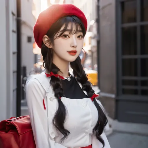 araffe woman with long black hair wearing a red beret, red hat, pigtails hairstyle, red cap, gray shirt, ulzzang, korean girl, wearing a chocker and cute hat, bae suzy, two pigtails hairstyle, jaeyeon nam, twintails hairstyle, cute korean actress, tzuyu fr...