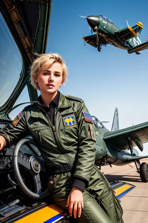 (RAW style, masterpiece, best quality, ultra-detailed), Young blonde woman with short hair, in the uniform of a pilot, standing confidently near a Yak 1960 plane, on the bustling aield, where other planes are visible in the background, creating a lively at...