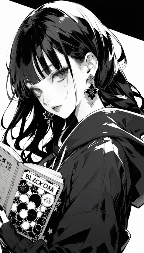 (Best Quality, sketch:1.2),  dark monochrome background , Japanese Manga,Illustrator,Japanese Manga,1 girl, Delicate lips,Large hoodie,custom,background completely black,  lots of earrings, texture clipping,Canada, masterpiece, style: Retro Classic, 深いblac...