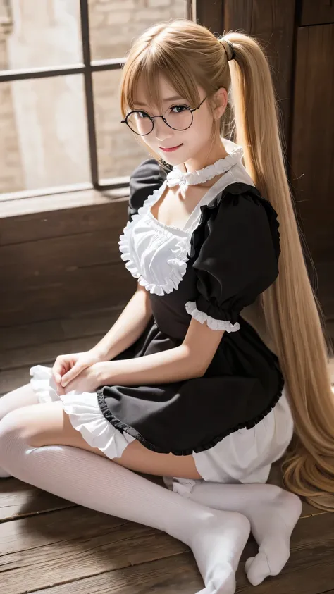 realistic, high resolution, Inside a medieval castle , girl victory, 1girl, the girl is young, (the girl is ten years old), standing, golden hair, long twintail, , Maid uniform, Black long dress, White frilly apron、 shoulders and chest are exposed 、Round G...