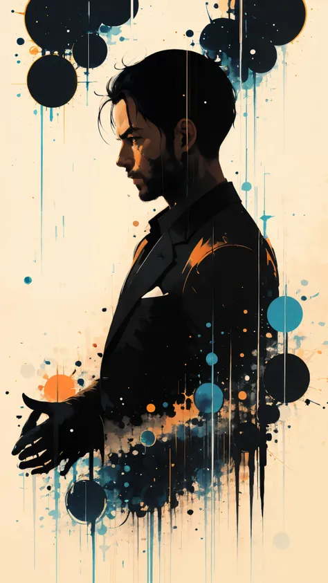 Silhouette of a posed gentleman:dynamic pose:profile,Ink splash,Bold colors,dynamically,colorful,An abstract painting that looks like a person if you look closely,works of art,mysterious,design