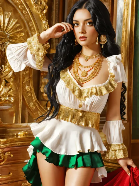 A gypsy with green eyes black hair, white blouse with gold medals and red skirt with ruffles, seashell necklaces, jenya.d