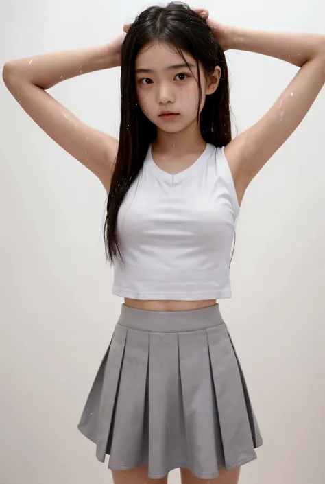 a female junior high school student, early adolescence, ethnic chinese, of thin stature but athletic, wearing a white t-shirt of...