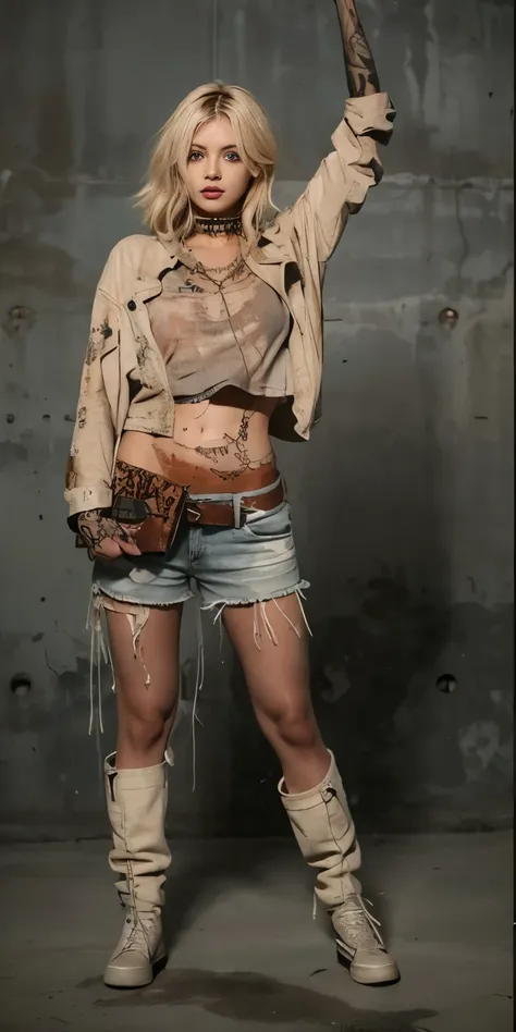 beauty、dirty skin、 a girl with realistic texture of skin standing in front of a concrete background 。blonde.  dirty shirts are s...