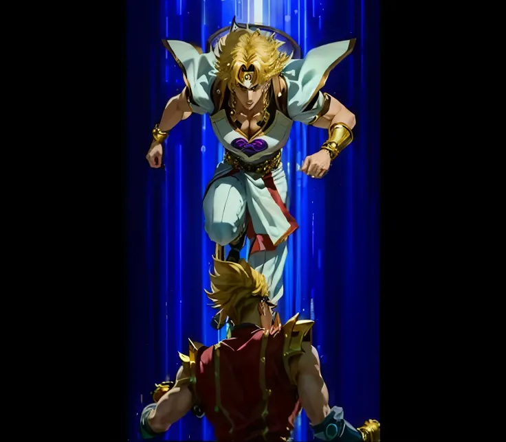   a man standing on top of a person on a stage, zeppeli gyroscope, in JoJos bizarre adventure , god brando, Saint Seiya, Hyoga, chrono trigger gear style culprit, Kefka FF6 , Jojos Bizarre Adventure, Jojos Bizarre Adventure!!!!, Jojos Bizarre Adventure!!, ...