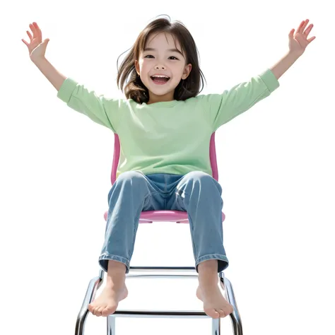 a close up of a child sitting on a chair with her Raise your arms, Happy kid, ecstatic, Happy girl, posture(Raise your arms + Happy), with Raise your arms, leaping with Raise your arms, Unique design, playful posture, Toddler, Very excited, full entire bod...