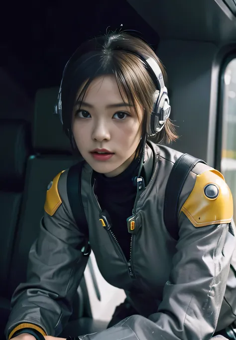 (Highest image quality, outstanding details, ultra-high resolution), (realism: 1.4), ((close up:1.25)), highly condensed 1girl, (cyberpunk, cyborg), a delicate and beautiful face, (short hair), ((sitting in narrow futuristic low canopy cockpit:1)), (wearin...