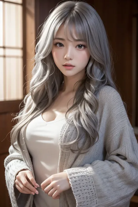 masterpiece, 8k,  Award Winning Photos , photoRealistic, Realistic, 非常にdetailed, Ultra-high resolution, ///1 person,  The most beautiful, 20 years old , (sexy, Japanese Idols), (Gray Hair:1.2),///人間のdetailed つやつやした肌 , detailedな肌 , Beautifully detailed face...