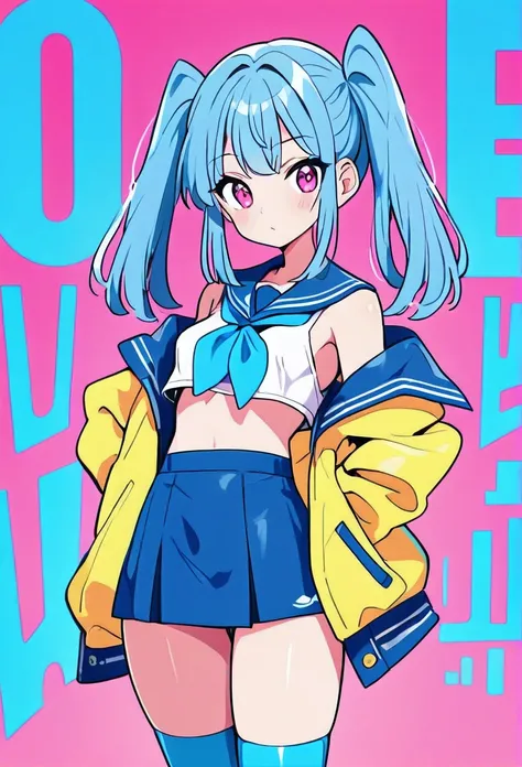 ulzzang, portrait, (anime), manga, sexy, asian high school girl with long straight neon blue hair, neon yellow sailor suit, big pink eyes, droopy eyes, (anime), manga, sexy, Latex, 8ｋ,Highest quality,masterpiece, Sharp focus, standing, thigh highs, slender...