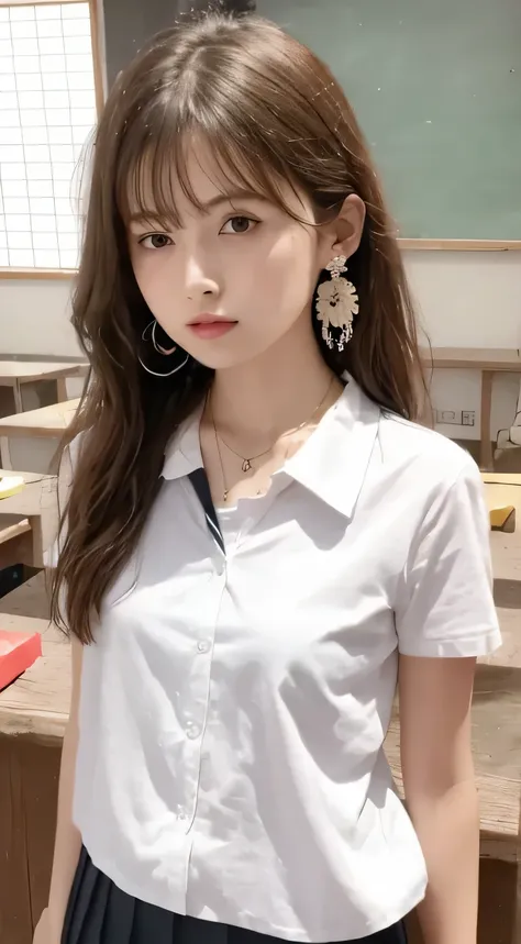 RAW Photos、 (masterpiece:1.3)、Ultra-high resolution,Earrings and Necklaces,Wearing school uniform,((Japanese Classroom))、(( upper body))