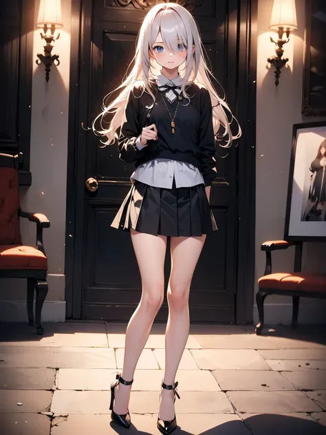 1girl,(masterpiece, best quality, highest quality, Full Body Shot, Including face,1girl:1.5),4K,masterpiece,((Focus on the face)),Beautiful woman,(Slender:1.5),((High heels, black pantyhose, anklet)),(Take off skirt:1.8),(Long silver hair, ponytail, Age 25...