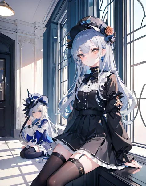 2girls,silver-blue-orange,princess,hair over one eye,pouting,arms open,black,sitting,black mafia hat,hallway,cute frilly black skirt,black-high-thigh socks,white eyes,