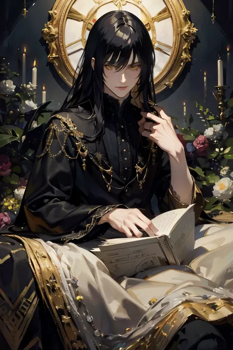 Long dark and fluffy black hair, shaggy hair, pale skin, male, man, feminine man, dark clothes, yellow eyes, bangs, rhinestones, gems, sparkly, flowers, lace, post-Impressionist, High Resolution, Masterpiece, Accurate, Best Quality