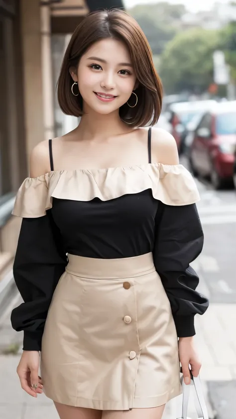  Best Quality、Confused、((the cutest girl in the world))、Japanese、 girl、Cafe、((Spring-like outfit))、(skirt)、(off-shoulder jacket)、Nice and cute、An innocent smile、Beautiful smile、Big Breasts、(Ample breasts:1.3)、Medium Bob Hair、Brown Hair、Narrow waist、  beaut...