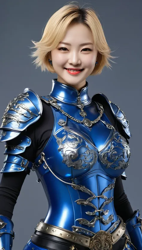 masterpiece,Best Quality,top,(Blue metal protective armorを装着したFemale warrior:1),(Blue metal protective armorを装着したFemale warrior:1.3), (3 female knight:1.3),、((( big and rich breasts)))　(((大きなBig cleavage)))　,Hyper Real,Future City 2205   ,Beautiful Smile、F...