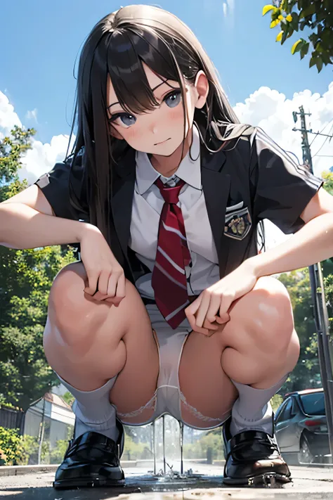 16k、Cute junior high school student showing off simple white underwear、(From below:1.5)、Slender、Squat、Pee leak、Urine leaks and puddles forming on the ground、Transparent white school uniform、Shooting from face to crotch