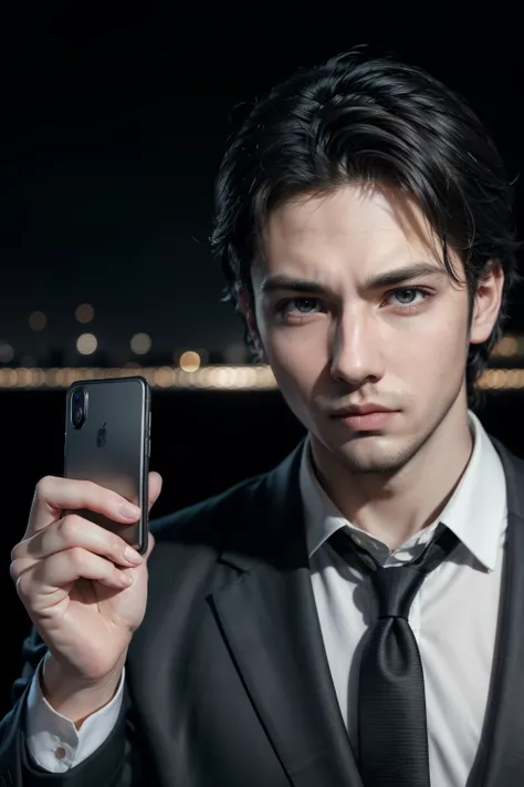 A handsome man. Late twenties. Black hair. He has a wild look on his face. Detailed drawing of the face. He is looking at the camera with a serious expression.He is wearing a black business suit. He holds a foldable smartphone in one hand. A night city exi...