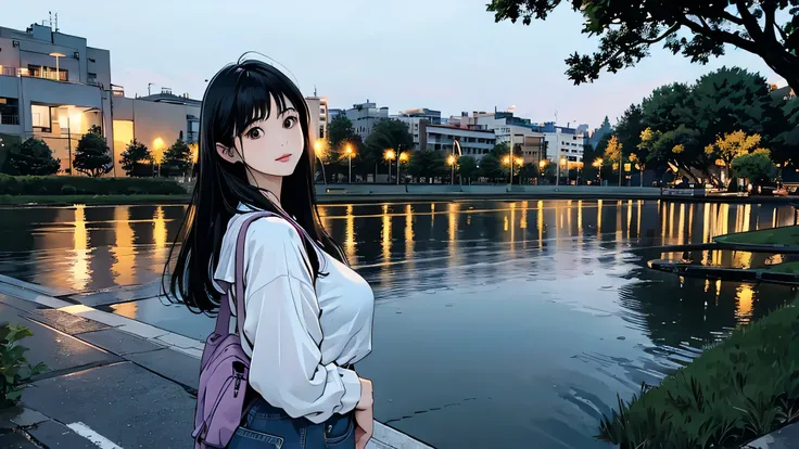 Full body shot,Standing at Hill Park with a view of the river , master painting 、 top quality 、Even if it rains and the wind blows hard, the sun shines again ,
Female 1, Standing in the park in the rain , But her hair is slightly wavy because its wet .,

A...